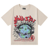 Hellstar  Creative Earth Ghost Face Headphone Print T-shirt Unisex Cotton Casual Short Sleeve