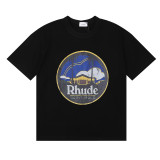 Rhude Saint Malo Castle Printed T-shirt Couple Casual Cotton Short Sleeve