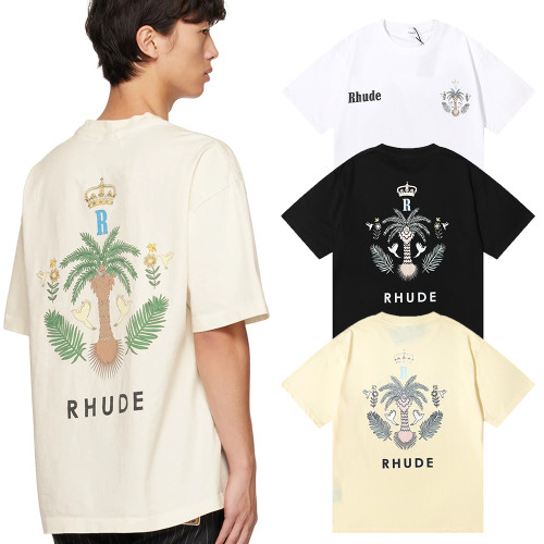 Rhude Coconut Crown Print T-shirt Unisex Casual Cotton Short Sleeve