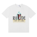 Rhude Coconut Tree Sunset Sailboat Print Short Sleeve Unisex High Stree Cotton T-shirt