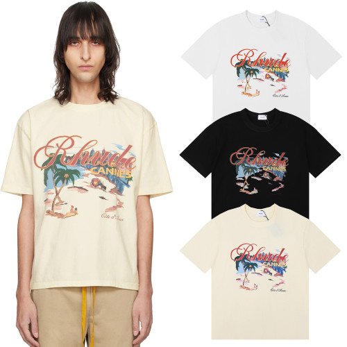 Rhude Cannes Beach Coconut Tree Print T-shirt Unisex Casual Loose Short Sleeve