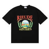 Rhude Sunset Beach Print Short Sleeve Unisex High Stree Cotton T-shirt