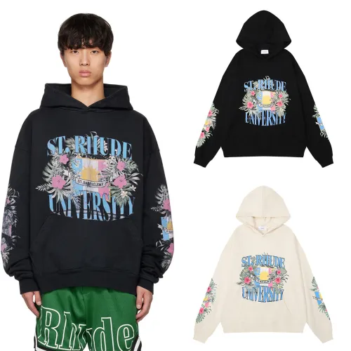 Rhude Flower Print Hoodies Unisex Casual Pullover Sweatshirt