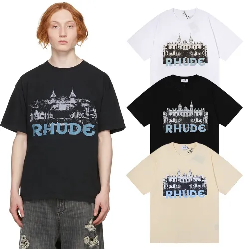 Rhude Casino Castle Print T-shirt Couple High Street Cotton Short Sleeve