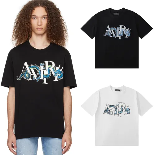 Amiri High Street Chinese Loong Print T-shirt Unisex Classic Casual Short Sleeves