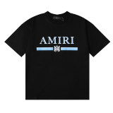 Amiri Classic Blue Letter Print T-shirt Unisex Cotton Casual Short Sleeves