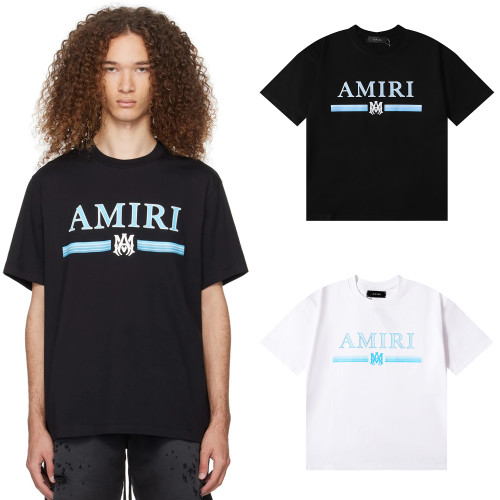 Amiri Classic Blue Letter Print T-shirt Unisex Cotton Casual Short Sleeves