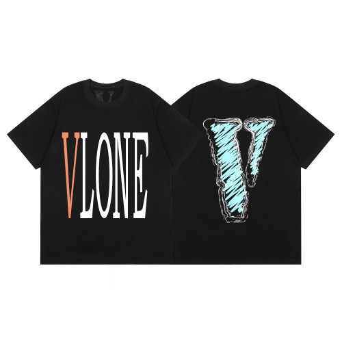 Vlone Fashion Letter Print Short Sleeve Unisex Casual Loose Cotton Solid T-shirt