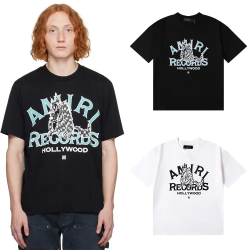 Amiri Records Wolf Logo Print T-shirt Unisex Classic Casual Short Sleeves