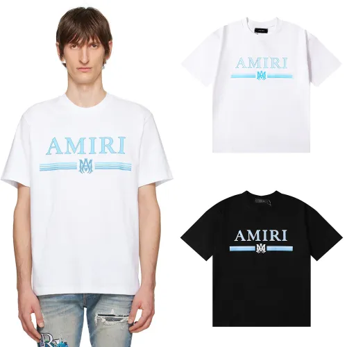 Amiri Classic Blue Letter Print T-shirt Unisex Cotton Casual Short Sleeves