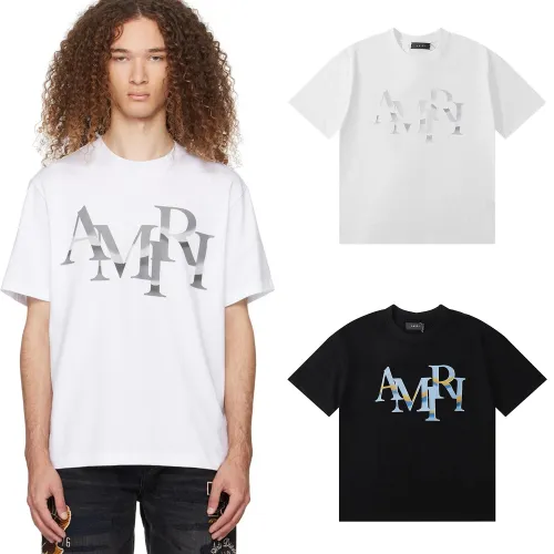 Amiri Interlaced camo Logo Print Short Sleeves Unisex Cotton Casual T-shirt 