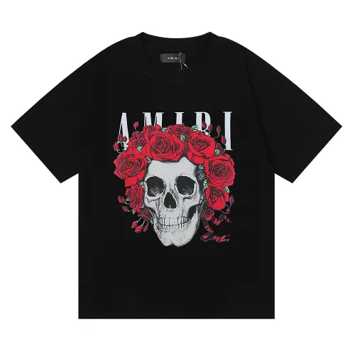 Amiri Fashion Rose Skull Print T-shirt Unisex Cotton Casual Short Sleeves