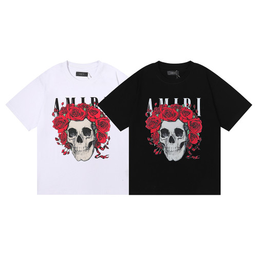 Amiri Fashion Rose Skull Print T-shirt Unisex Cotton Casual Short Sleeves