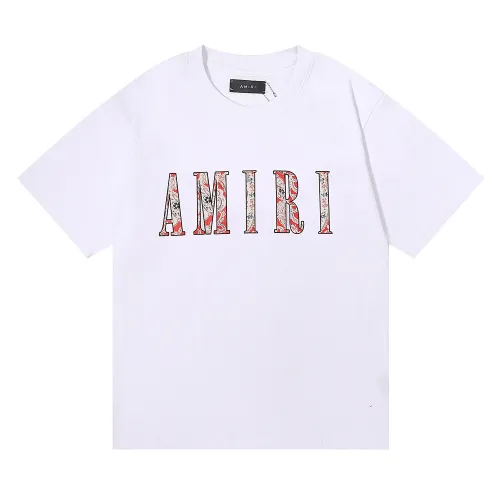 Amiri Fashion Cashew Flower Print T-shirt Unisex Cotton Casual Short Sleeves