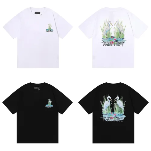 Amiri Double Crane Printing T-shirt Unisex Loose Casual Short Sleeves