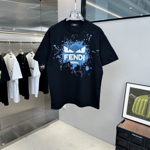 Fendi Splash Ink Logo Foam Printed Short Sleeves Unisex Casual Cotton T-Shirts