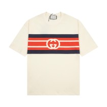Gucci Double G Stripe Printed T-shirt Unisex Casual Cotton Short Sleeves