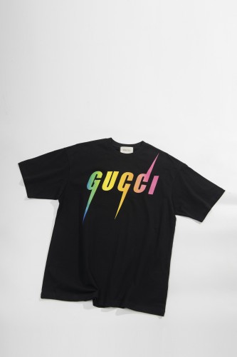 Gucci Lightning Rainbow Gradient Letter Print Short sleeved Unisex Casual Loose T-shirt