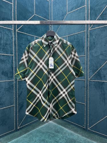 Burberry Checkered Cotton Twill Fabric Short Sleeve Men Equestrian Knight Logo Embroidery Shirts
