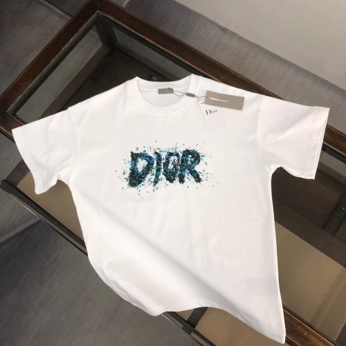 Dior High Street Speckle Logo Printed T-shirt for Couples Casual Short Sleeves