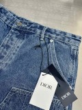 Dior Vine Plaid Embroidered Workwear Pants High Street Multi Pocket Denim Shorts