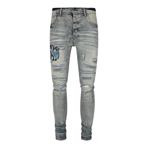 Amiri New Fashion Embroidered Jeans Unisex Distressed Patches Skinny Pants