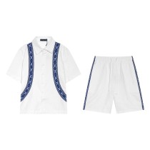 Louis Vuitton Classic Presbyopia Element Relief Jacquard Ribbon Short Sleeve Denim Shirt Set