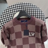 Louis Vuitton Rhinestone Logo Plaid Knitted Short Sleeve Fashion Casual T-shirt