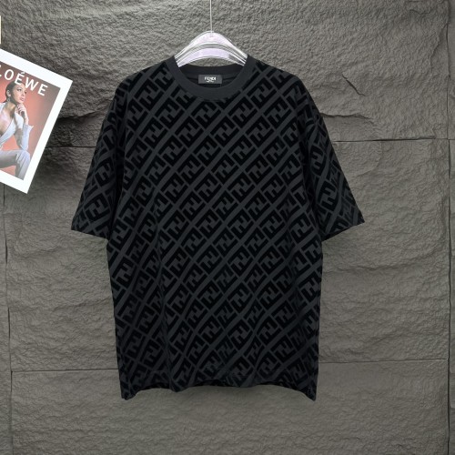 Fendi Flocking Full Print Logo Short Sleeve Couple Casual Round Neck T-shirt