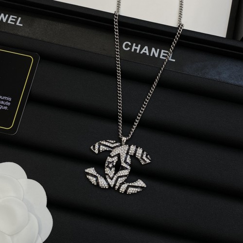 Chanel New Metal Sweater Chain Rhinestones Pearl Logo Pendants Necklace