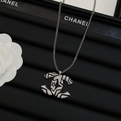 Chanel New Metal Sweater Chain Rhinestones Pearl Logo Pendants Necklace
