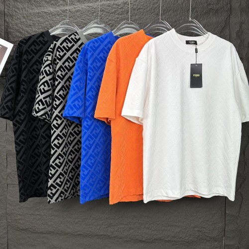 Fendi Flocking Full Print Logo Short Sleeve Couple Casual Round Neck T-shirt
