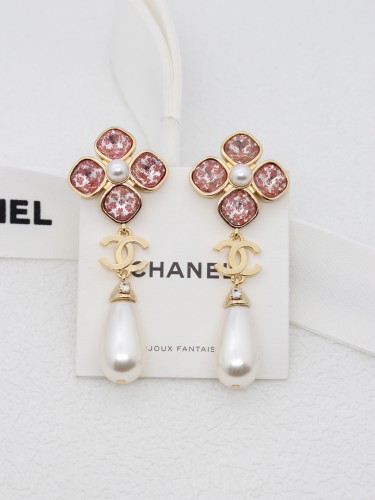 Chanel New Fashion Pink Square Four-leaf Clover Diamond Crystal earrings Pearl Earrings