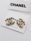 Chanel New Golden Stud Earrings Blue Vertical Stripe Enamel Earring