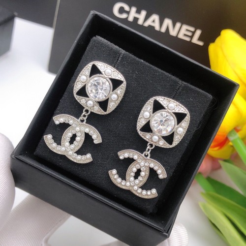 Chanel Silver Square Rhinesstone Stud Earrings