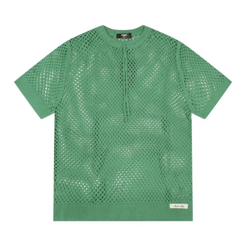 Fendi New Grid Logo Small Label Round Neck Drawstring Knitted Short Sleeves