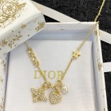 Dior Classic Fashion New Bee Heart Pearl Pendant Gold Necklace