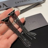 Prada Fashion New Triangle Black Diamond Tassel Earrings