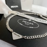 Prada New Fashion Triangle Chain Unisex Vintage Silver Pendant Necklace