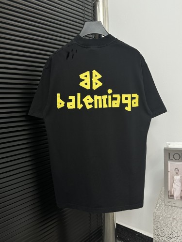 Balenciaga Yellow Tape Letter Logo Printed Hole T-shirt Unisex Versatile Loose Short Sleeves