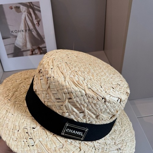 Chanel New Flat Top Straw Hat Lafite Top Hat 57cm
