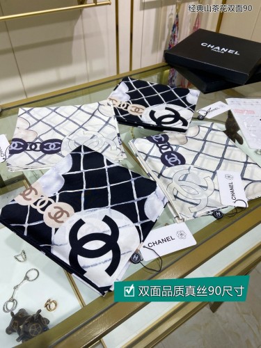Chanel Classic Double sided Camellia Flower Printed Twill Silk Square Scarf Size: 90 * 90cm