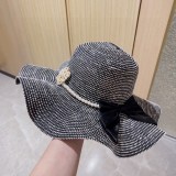 Loewe Fashion Ruffle Edge Pearl Large brim Top Hat Sunshade Straw Hat