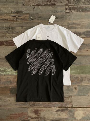 Off White Embroidered Diagonal Stripes Casual T-Shirt Fashion Unisex Cotton Short Sleeve