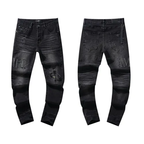 Amiri Fashion Rhinstone Washed Distressed Jeans Casual Street Pants