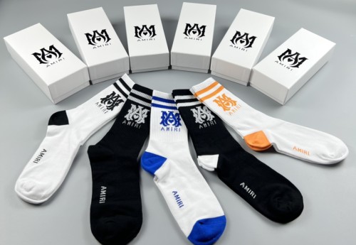 Amiri Logo Embroidery Casual Cotton Socks Unisex Fashion Sports Socks 5 Pairs/Box