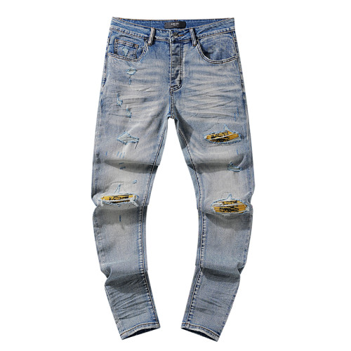 Amiri Fashion Washed Distressed Patches Jeans Casual Street Slim Pants