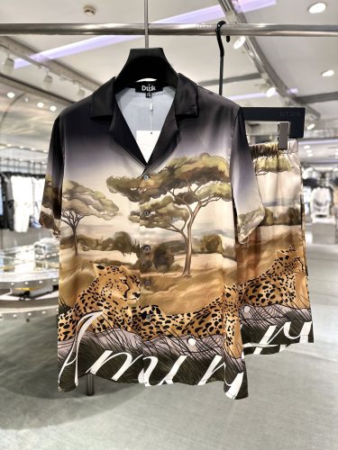 Amiri Unisex Fashion Silk Home Set Leopard Jacquard Print Short Sleeved Shirt And Shorts