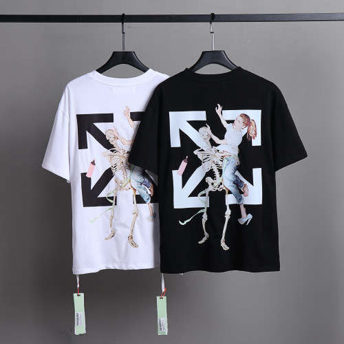 Off White Cartoon Printed Short Sleeve Unisex Casual Solid T-shirt