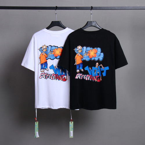 Off White Fashion Cartoon Printed Tee Unisex Street Casual Short Sleeve